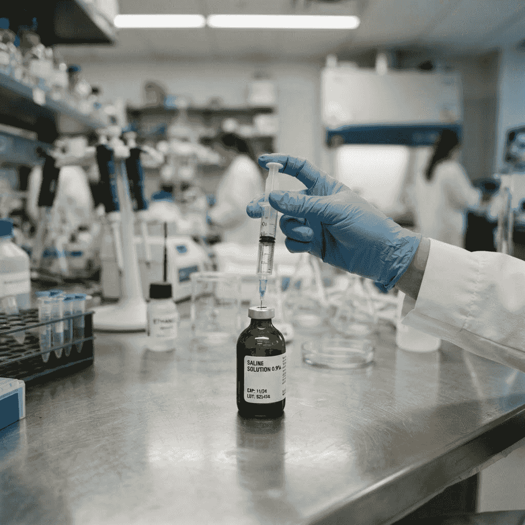 Vial of bacteriostatic water beside a vial of sterile water and a syringe