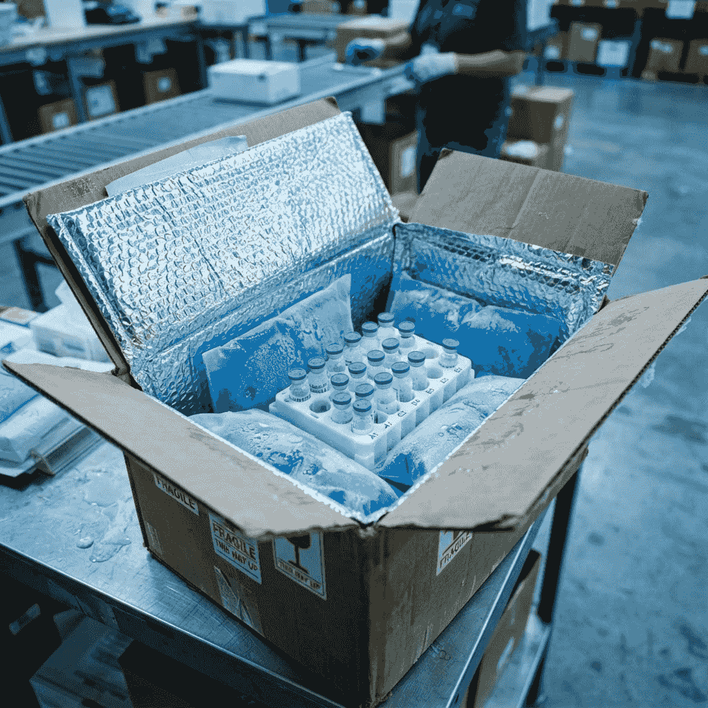 Insulated shipping mailer with gel packs and protected peptide vials