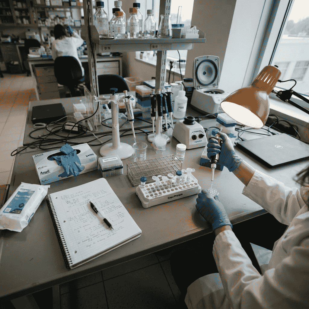 Researcher gently swirling a reconstituted peptide vial at a laboratory bench
