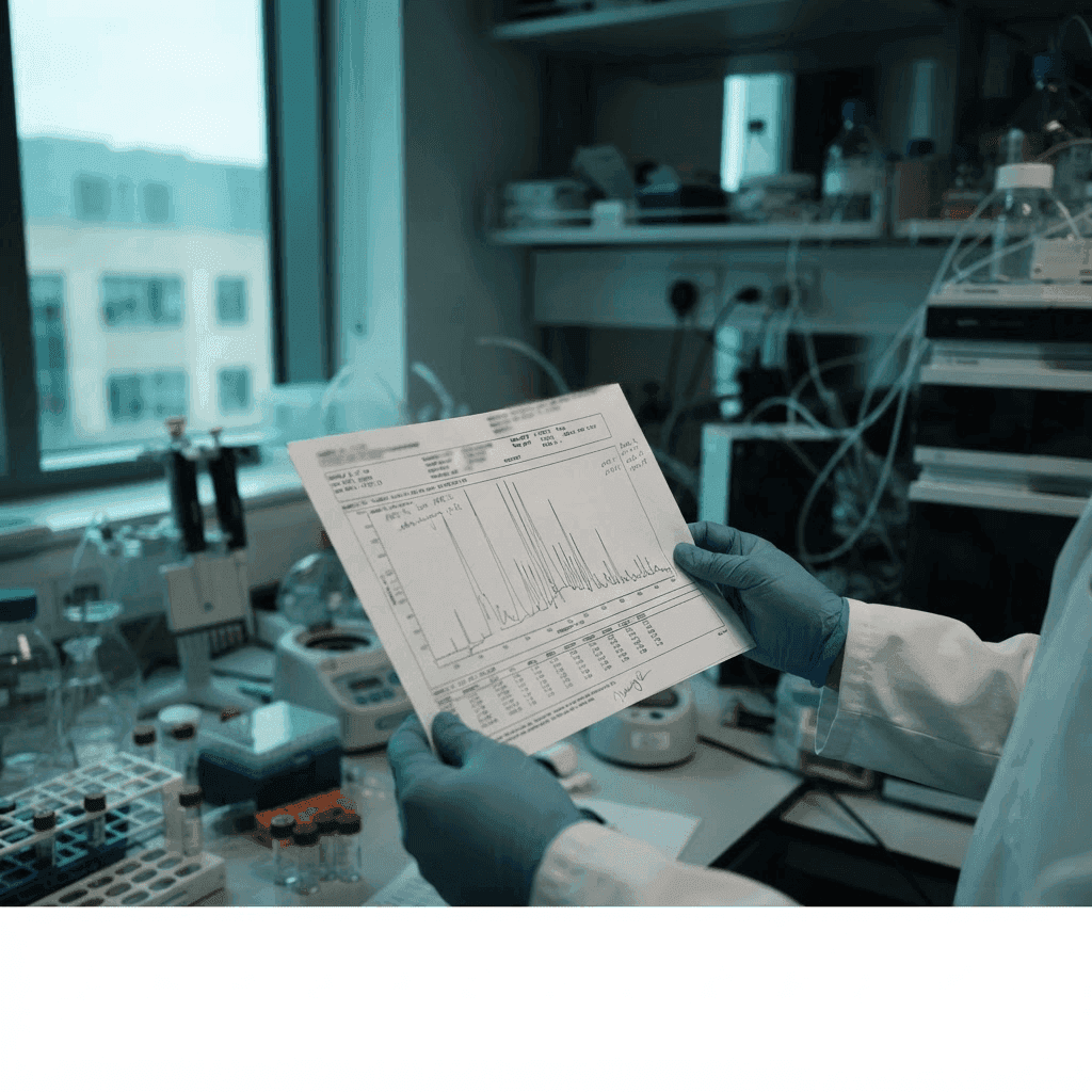 Certificate of analysis document beside a HPLC chromatogram printout