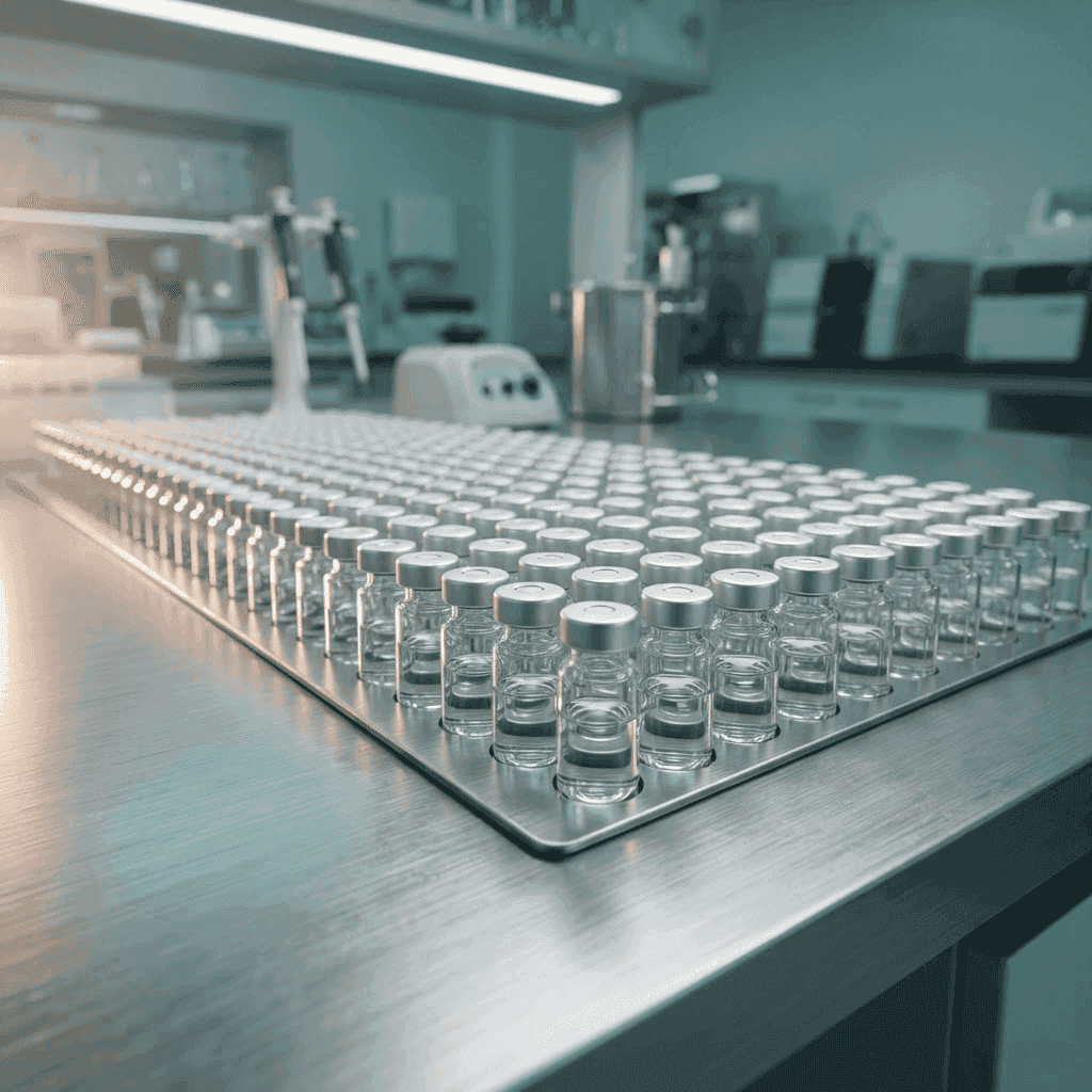 Laboratory vials of lyophilised research peptides on a steel bench