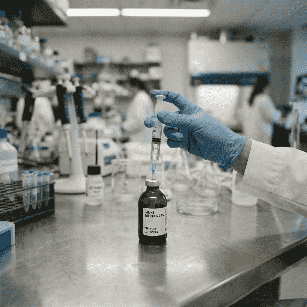Vial of bacteriostatic water beside a vial of sterile water and a syringe