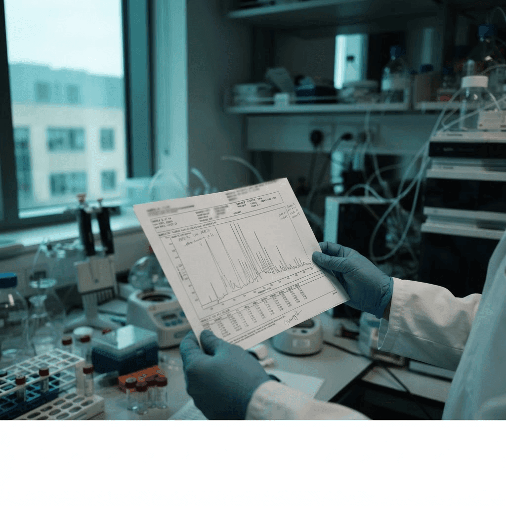 Certificate of analysis document beside a HPLC chromatogram printout