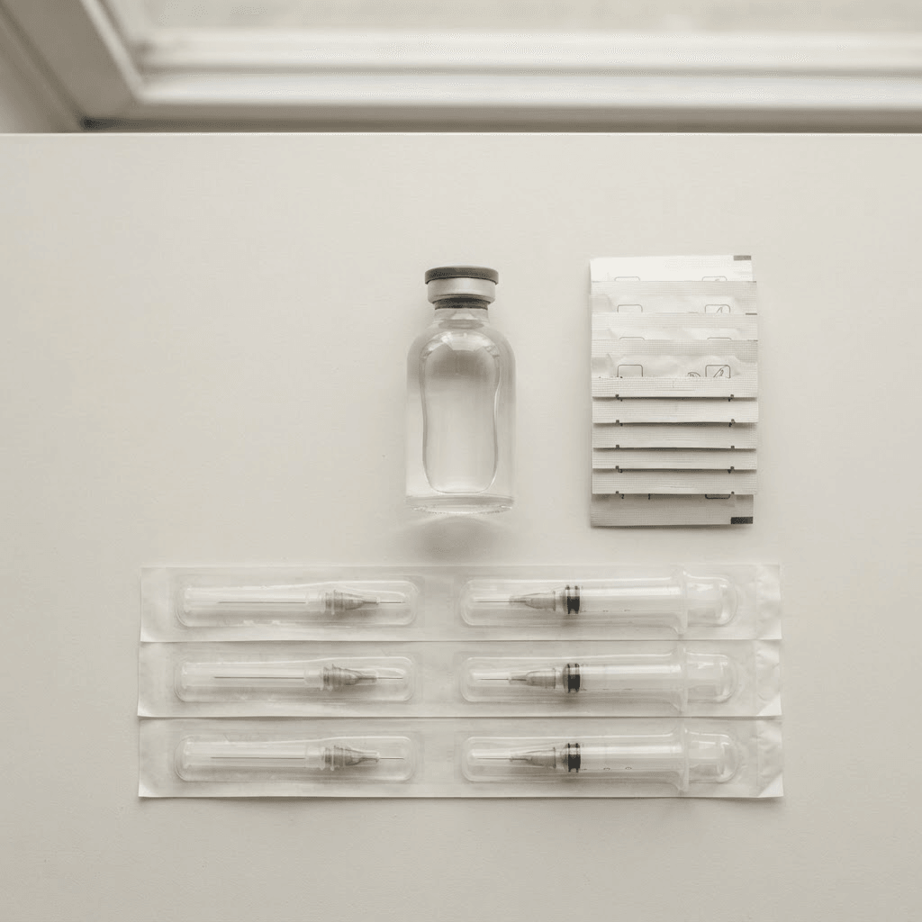 Bundle of bacteriostatic water vials, sterile syringes and alcohol prep swabs