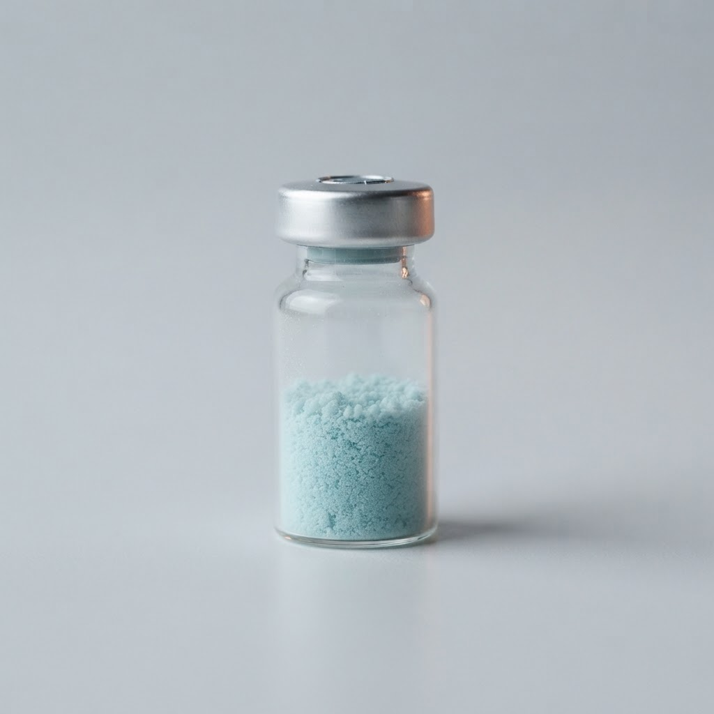Glass vial of blue lyophilised GHK-Cu copper peptide, 50mg