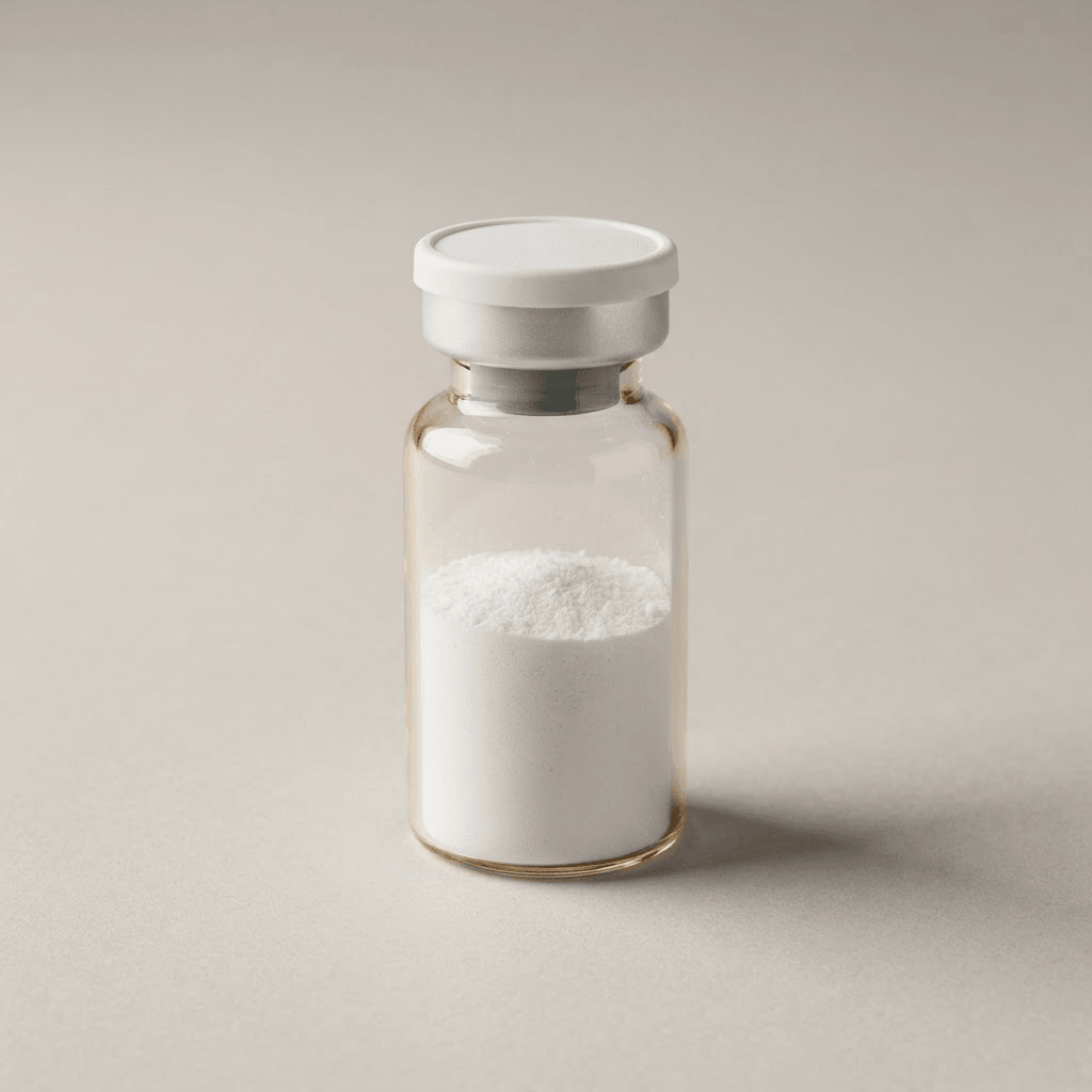 Glass vial of lyophilised Ipamorelin research peptide, 5mg
